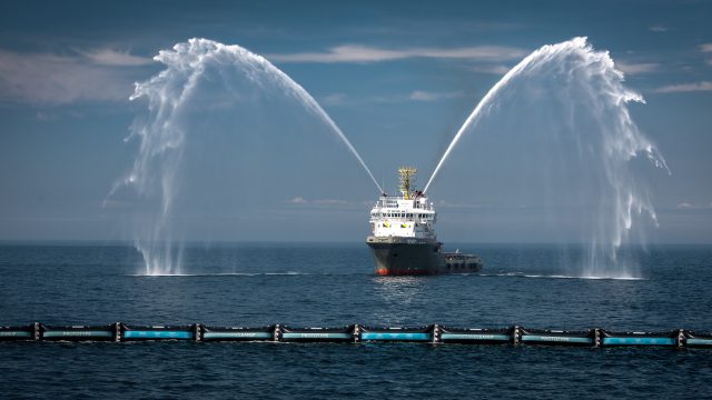 Water salute. North Sea Prototype fully installed, June 23, 2016