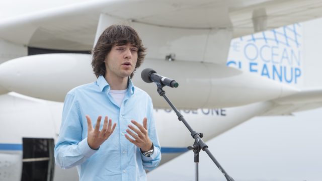 Boyan Slat speaking at the Aerial Expedition press event at Moffett Airfield in Mountain View, California on October 3, 2016
