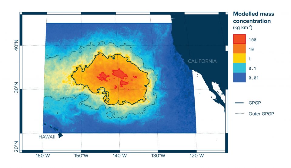 Modeled mass concentration of plastic in the Great Pacific Garbage Patch.