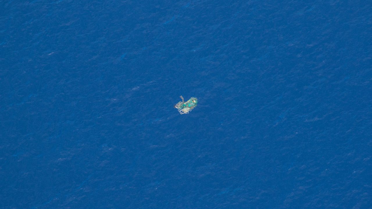 Aerial view of a ghost net in the Great Pacific Garbage Patch