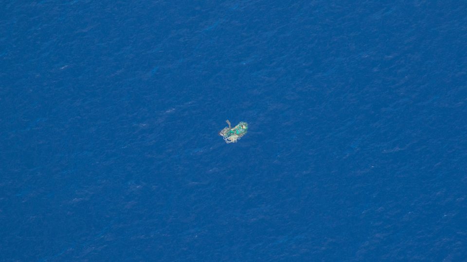 Aerial view of a ghost net in the Great Pacific Garbage Patch