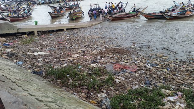 Plastic waste in a river in Myanmar - September 2016