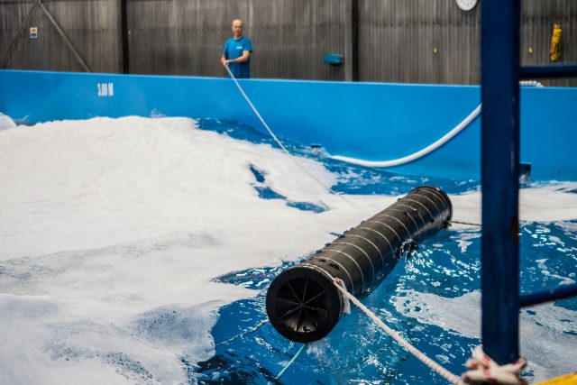 A 3-meter scale model tested in a wavepool at Falck Safety Services, 2018.