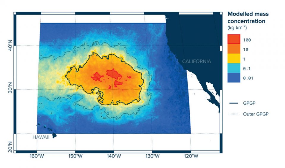Modelled outline of the Great Pacific Garbage Patch high concentration zone