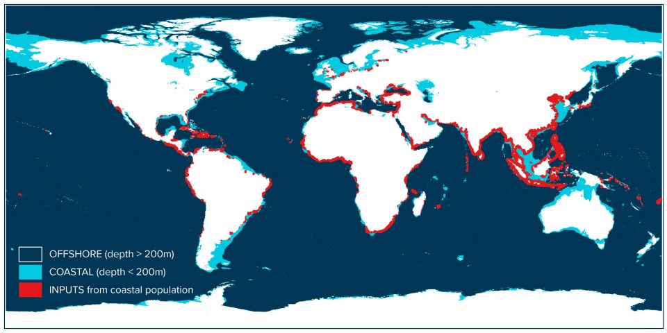 Modelled sources of ocean plastic and marine compartments considered in study