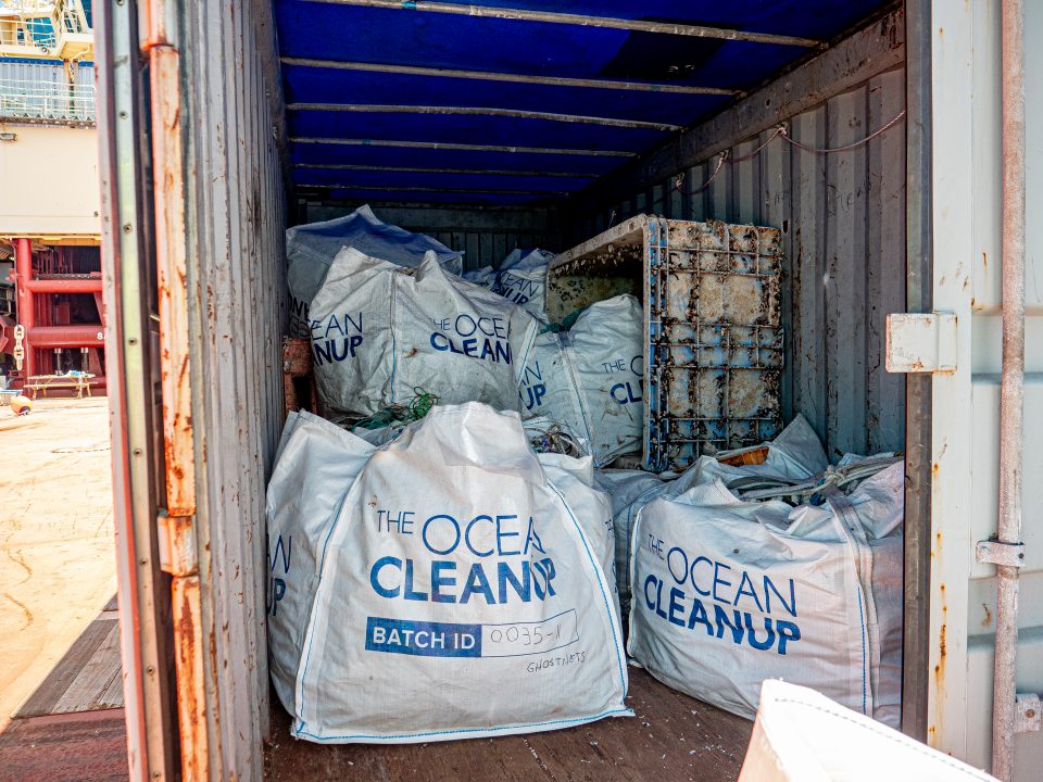 Container with big bags of plastic on the vessel in the Great Pacific Garbage Patch, during System 001/B mission 2019