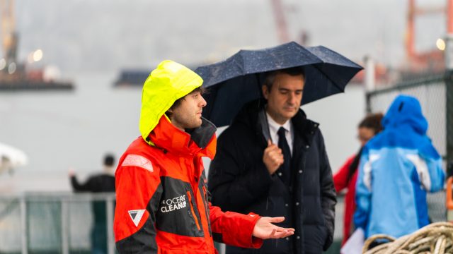 Boyan Slat, CEO and founder of The Ocean Cleanup and Luca Crisciotti, CEO Business Assurance of DNV GL during live announcement in Vancouver, Canada, December 12th