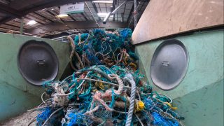 Ghost nets being processed for recycling into granulate.
