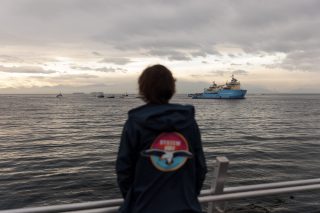 October 20: Boyan Slat watching the offshore crew return to shore with System 002 and the plastic harvested. A marine parade was held in celebration of the successful test campaign of System 002.