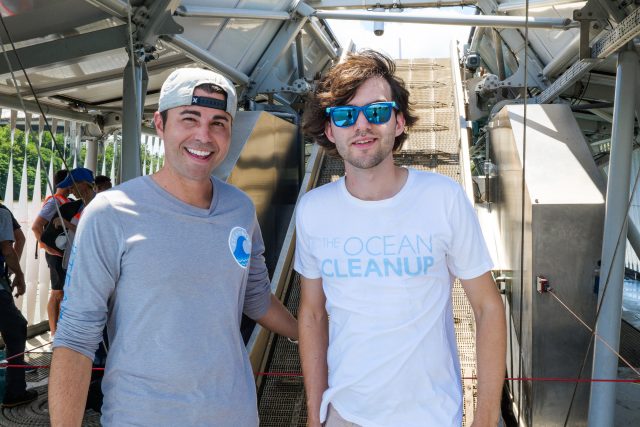 Mark Rober (Content creator and co-initiator behind #TeamSeas) and Boyan Slat (Founder & CEO of The Ocean Cleanup) on Interceptor 004 in the Dominican Republic, September 2021.