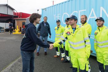 October 20: Boyan Slat, Founder and CEO, greeting the offshore crew that has been in the Great Pacific Garbage Patch for the last 6 to 12 weeks.