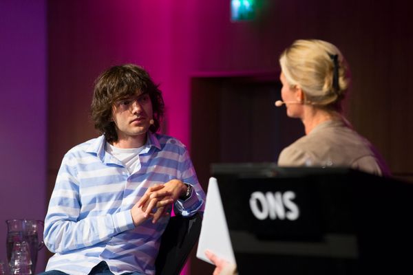 Boyan Slat in a fireside chat with Hege Marie Norheim at the ONS conference in Norway, August 31, 2016. Photo by Morten Berentsen.