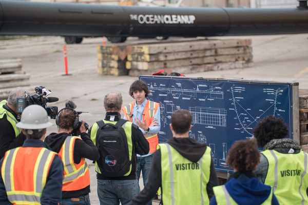 Boyan Slat being interviewed by media on the Alameda System 001 assembly yard, April 2018