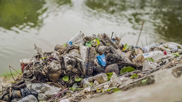 Plastic debris washed up from a river in Indonesia