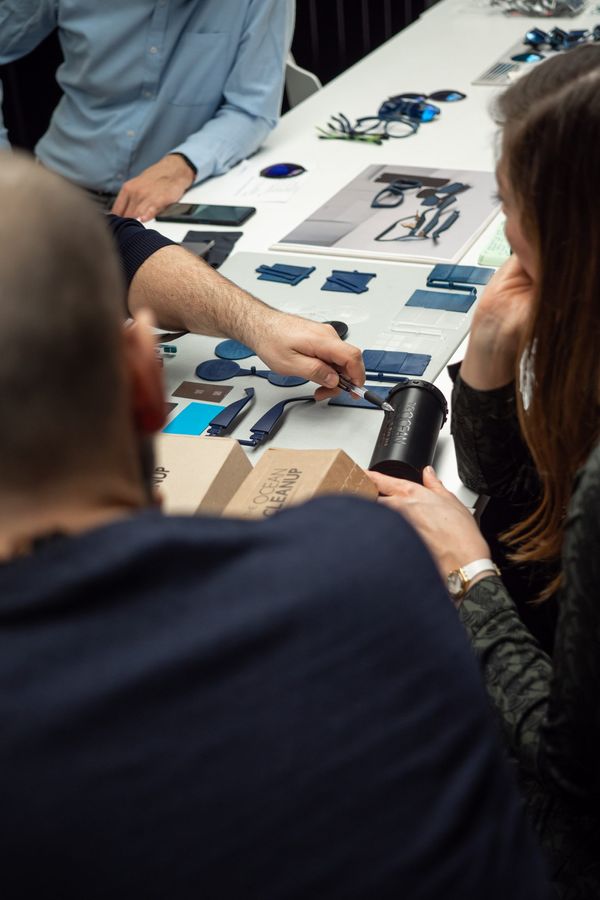 The Valorization team (The Ocean Cleanup) prototyping the product with Safilo, our sunglasses production partner for the first plastic catch