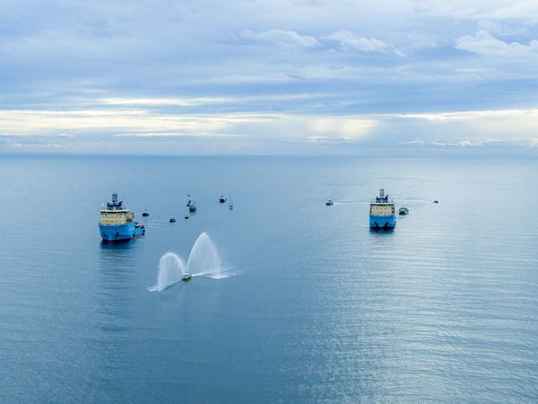 The offshore crew returning to Victoria, B.C. Canada on the two Maersk support vessels. A marine parade was held in celebration of the successful test campaign of System 002.