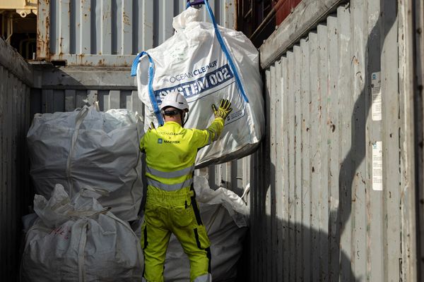 Catch from System 002 being loaded into containers on the vessel in the Great Pacific Garbage Patch, February 2022