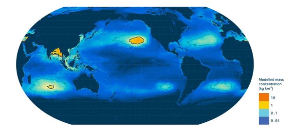Computational model of the five known garbage patches. From left: Indian Ocean gyre, North Pacific gyre, South Pacific gyre, North Atlantic gyre, South Atlantic gyre