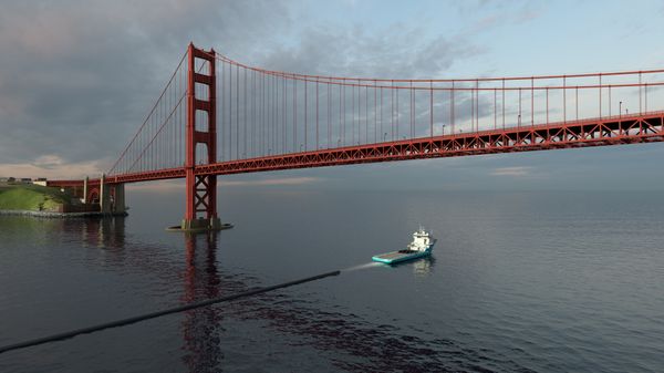 The Ocean Cleanup computer rendering, Tow-out. Credits: Erwin Zwart / The Ocean Cleanup