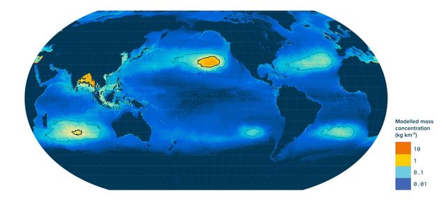 Computational model of the five known garbage patches. From left: Indian Ocean gyre, North Pacific gyre (where the Great Pacific Garbage Patchis ), South Pacific gyre, North Atlantic gyre, South Atlantic gyre