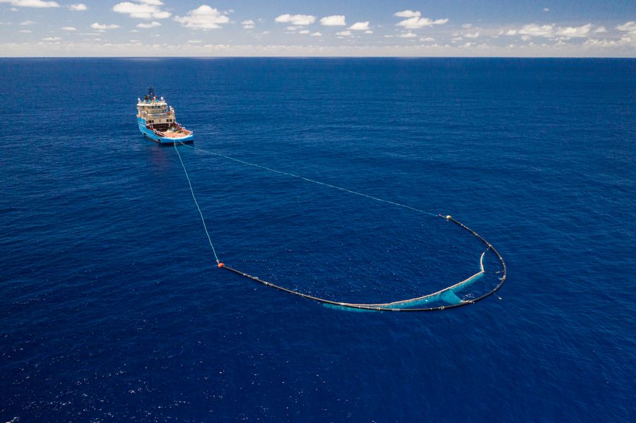 System 001/B in the Great Pacific Garbage Patch, attached to the vessel for tow-test, June 2019