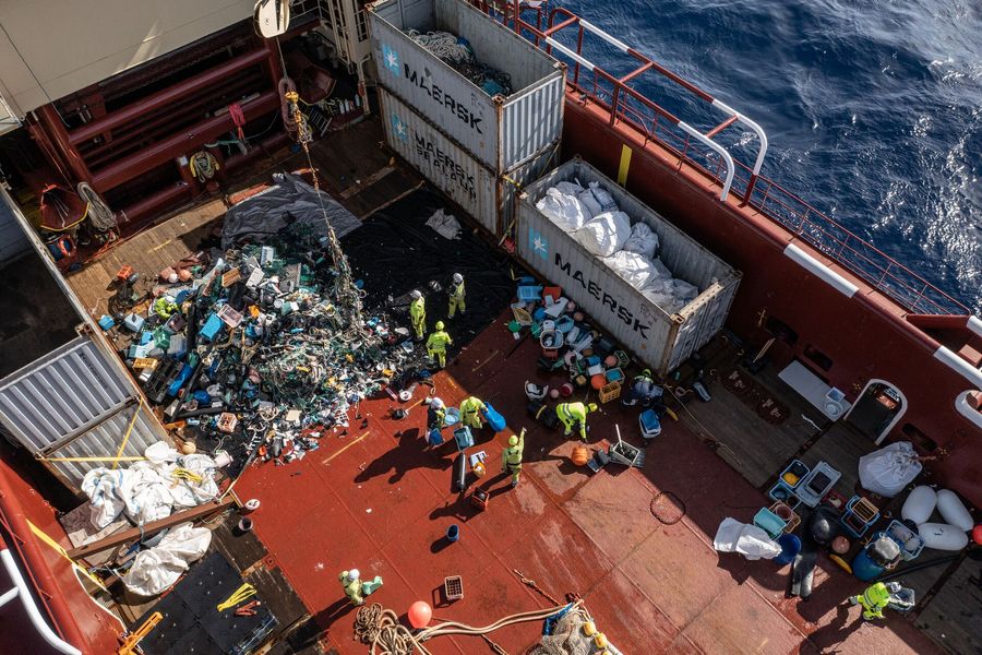 Catch from System 002 being sorted on deck in the Great Pacific Garbage Patch, February 2022