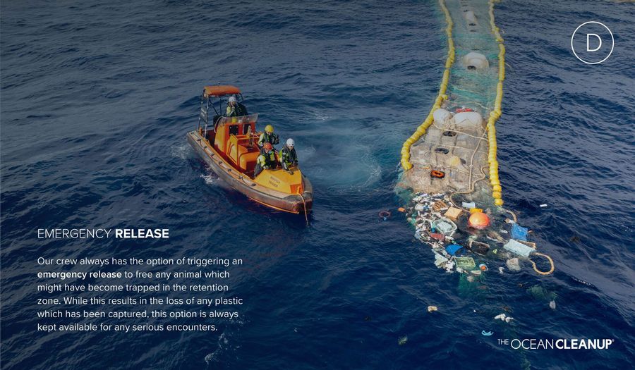 A small boat releasing the plastic captured by the mesh