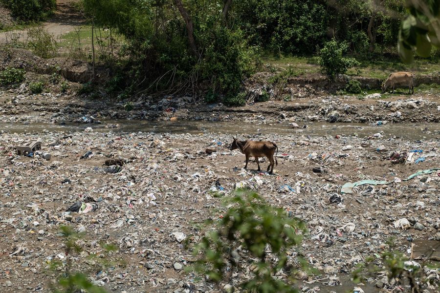 Plastic pollution along and on the river bed of Rio Las Vacas