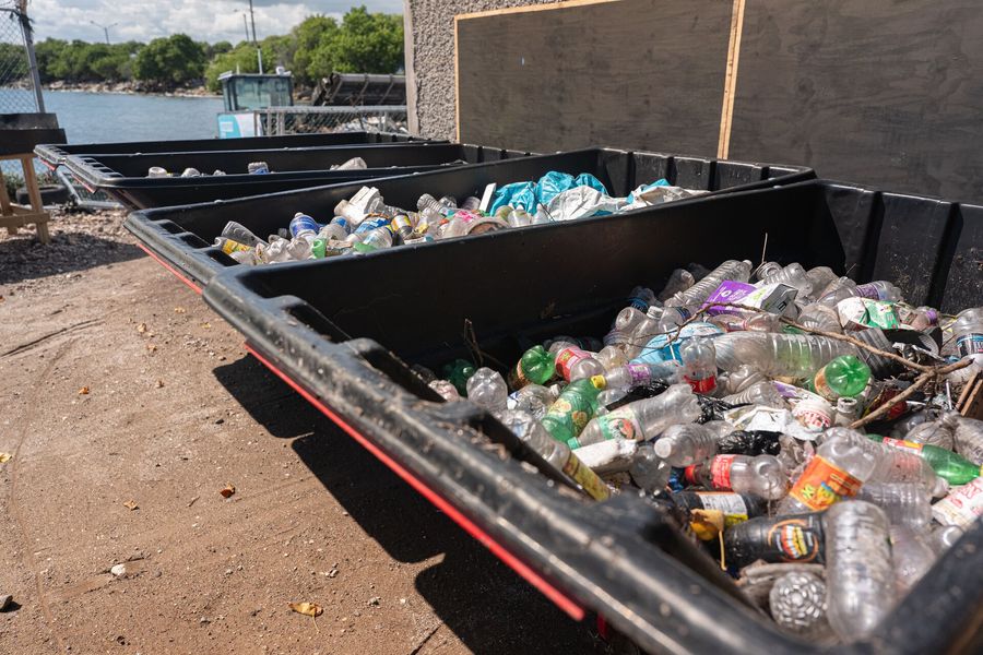 Trash sorted after being intercepted in Kingston Harbor, Jamaica